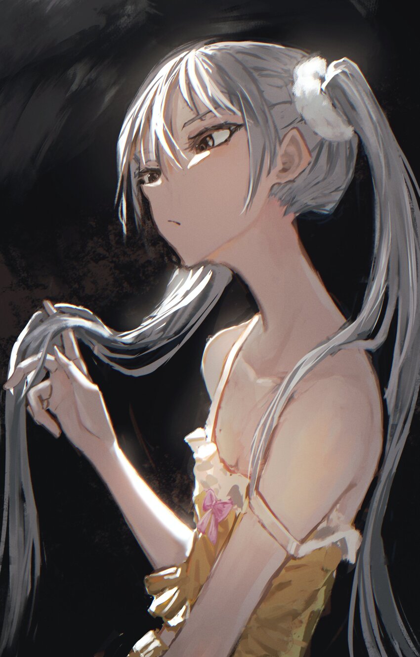 1girl, absurdres, arm_at_side, bare_shoulders, black_background, bow, bow_camisole, breasts