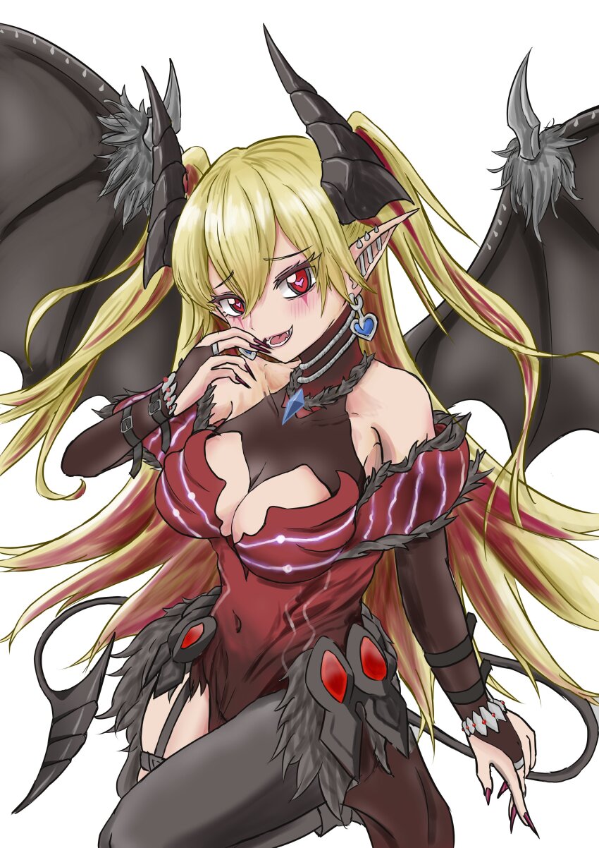 1girl, absurdres, blonde_hair, breasts, cleavage, cleavage_cutout, clothing_cutout, colored_inner_hair, covered_navel, demon_girl, demon_horns, demon_tail, demon_wings, dress, duel_monster, ear_piercing, gt_majoyan, heart, heart-shaped_pupils, highres, horns, lacrima_the_crimson_tears, looking_at_viewer, multicolored_hair, piercing, pointy_ears, red_dress, red_eyes, red_hair, smile, solo, strapless, strapless_dress, symbol-shaped_pupils, tail, twintails, white_background, wings, yu-gi-oh!