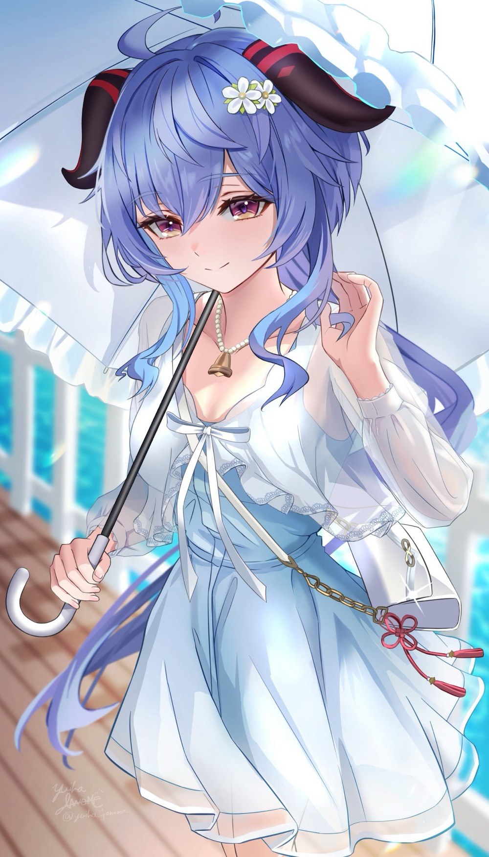 1girl, ahoge, alternate_costume, artist_name, blue_hair, brown_eyes, commentary_request, cowboy_shot