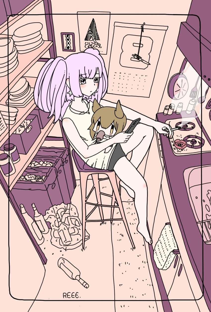 2girls, ashtray, atlanta_(kancolle), barefoot, black_panties, bottle, brown_hair, calendar_(object), cb839, cellphone, chair, cigarette, closed_mouth, cup, earrings, hair_flaps, hatsuzuki_(kancolle), highres, holding, holding_cigarette, holding_cup, holding_phone, indoors, jewelry, kantai_collection, kitchen, long_hair, looking_at_viewer, mini_person, minigirl, multiple_girls, necklace, oven, panties, phone, pink_hair, plate, shirt, sitting, sleeveless, sleeveless_shirt, smartphone, smoke, smoking, star_(symbol), star_earrings, two_side_up, underwear