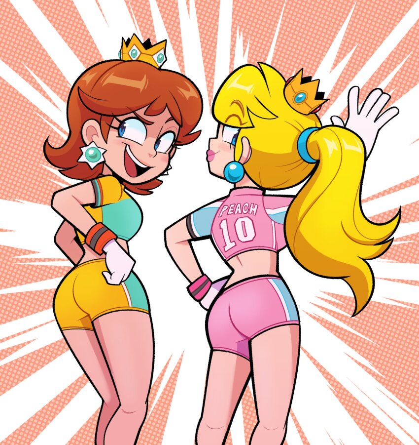ass, blonde_hair, blue_eyes, blush, breasts, brown_hair, crop_top, cropped_shirt, crown, curvy, earrings, female_focus, flower_earrings, gloves, highres, jewelry, lipstick, long_hair, makeup, mario_(series), mario_strikers_(series), matt_froese, midriff, mini_crown, nintendo, ponytail, princess_daisy, princess_peach, shirt, short_hair, short_shorts, short_sleeves, shorts, sportswear, super_mario_strikers, teeth, white_gloves, yellow_shirt