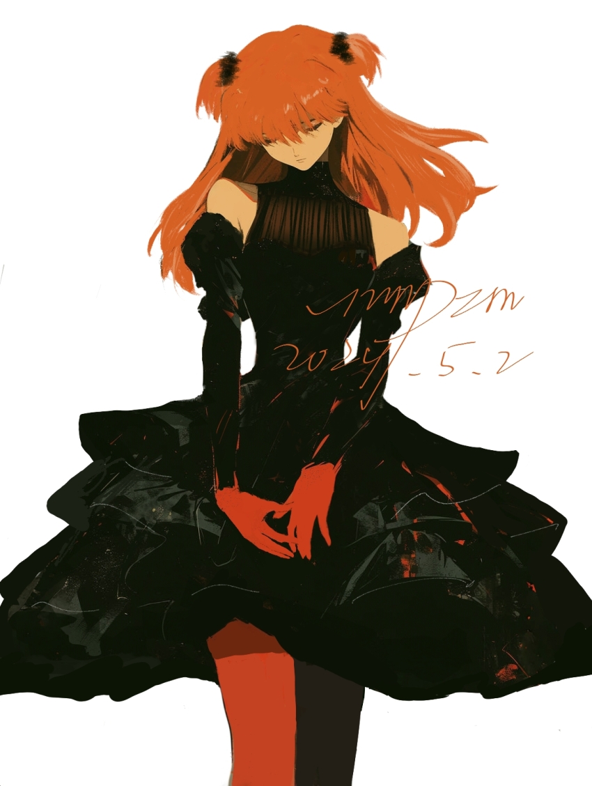 1girl, bare_shoulders, black_dress, chinese_commentary, closed_eyes, commentary, dated, detached_sleeves, dress, gloves, hair_between_eyes, hair_tie, head_down, highres, long_hair, neon_genesis_evangelion, nmpzm, orange_hair, pantyhose, red_gloves, red_pantyhose, signature, simple_background, solo, souryuu_asuka_langley, standing, twintails