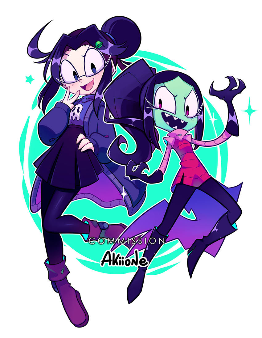2girls, alien, black_hair, boots, crossover, dib_(invader_zim), english_text, fangs