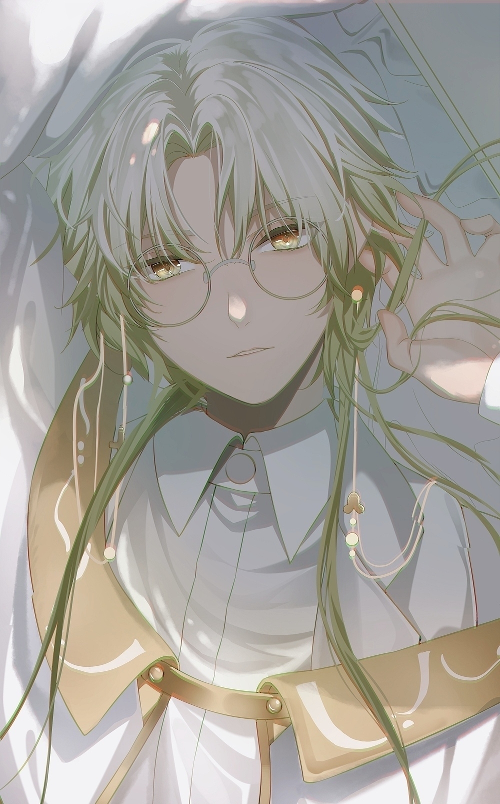 1boy, arm_up, cabbage_blossom_(the_tale_of_food), cape, collared_shirt, curtained_hair, dhfz181, eyewear_strap