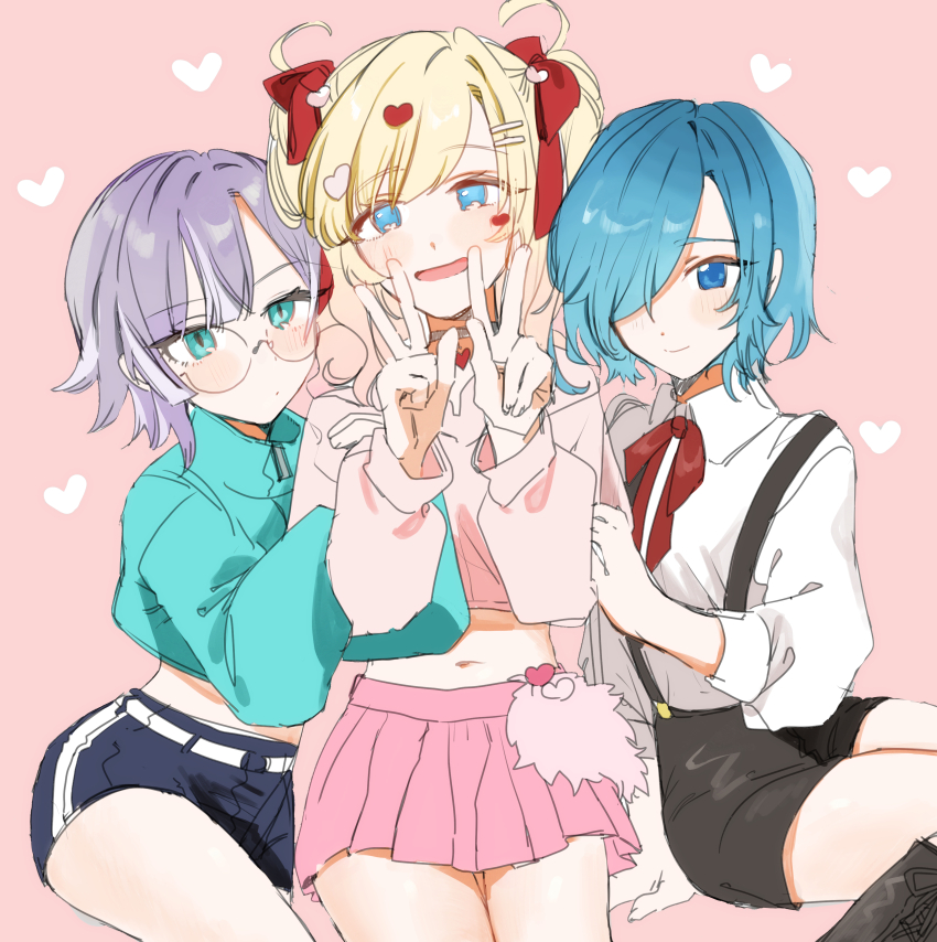 3girls, absurdres, aqua_eyes, aqua_hair, arm_hug, belt, blonde_hair, blue_eyes