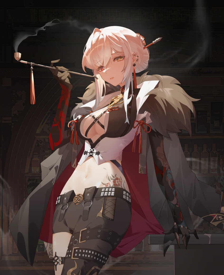 1girl, absurdres, alpha:_crimson_weave_(pgr), alpha:_crimson_weave_(tsubaki)_(pgr), alpha_(pgr), arm_tattoo, asymmetrical_clothes, bar_(place), black_hands, black_jacket, black_pants, black_shirt, bottle, breasts, bright_pupils, center_opening, chinese_commentary, cleavage, closed_mouth, colored_extremities, commentary_request, cowboy_shot, ear_piercing, earrings, fur-trimmed_jacket, fur_trim, hair_between_eyes, hair_bun, hair_ornament, hairpin, hand_on_table, heterochromia, highres, holding_pipette, indoors, jacket, jacket_on_shoulders, jewelry, large_breasts, long_sidelocks, looking_at_viewer, lpha:_crimson_weave_(tsubaki)_(pgr), medium_hair, midriff, mizu_moku_shio, navel, official_alternate_costume, official_alternate_hairstyle, pants, piercing, pipette, punishing:_gray_raven, red_eyes, shirt, sidelocks, single_hair_bun, single_pantsleg, solo, stomach_tattoo, tattoo, white_hair, white_pupils, yellow_eyes