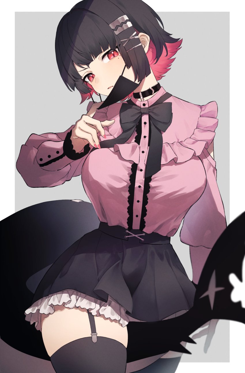 1girl, alternate_costume, black_hair, black_skirt, black_thighhighs, breasts, colored_inner_hair, cowboy_shot
