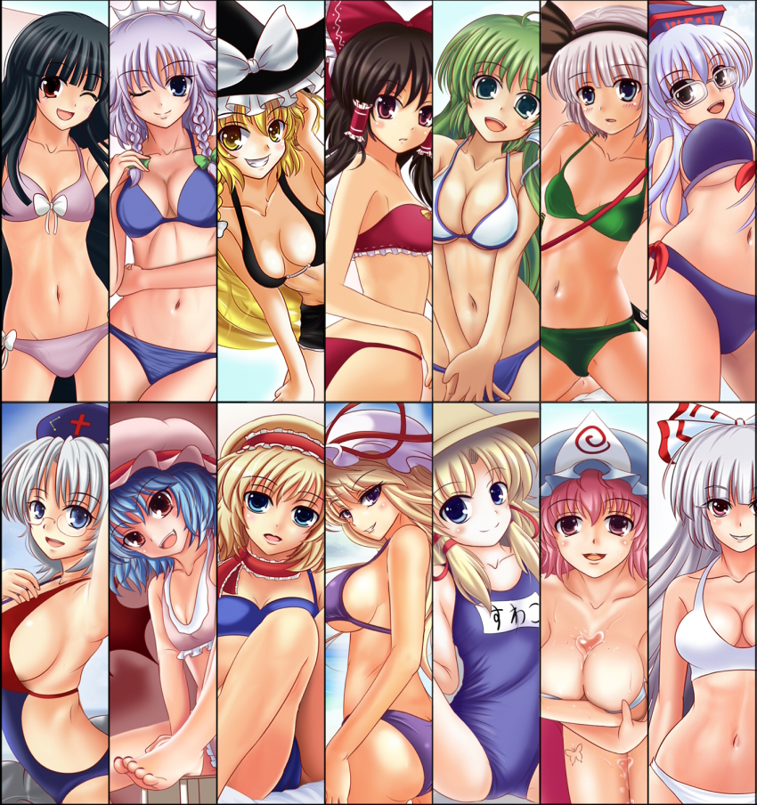 6+girls, alice_margatroid, ass, barefoot, between_breasts, bikini, black_hair, blonde_hair