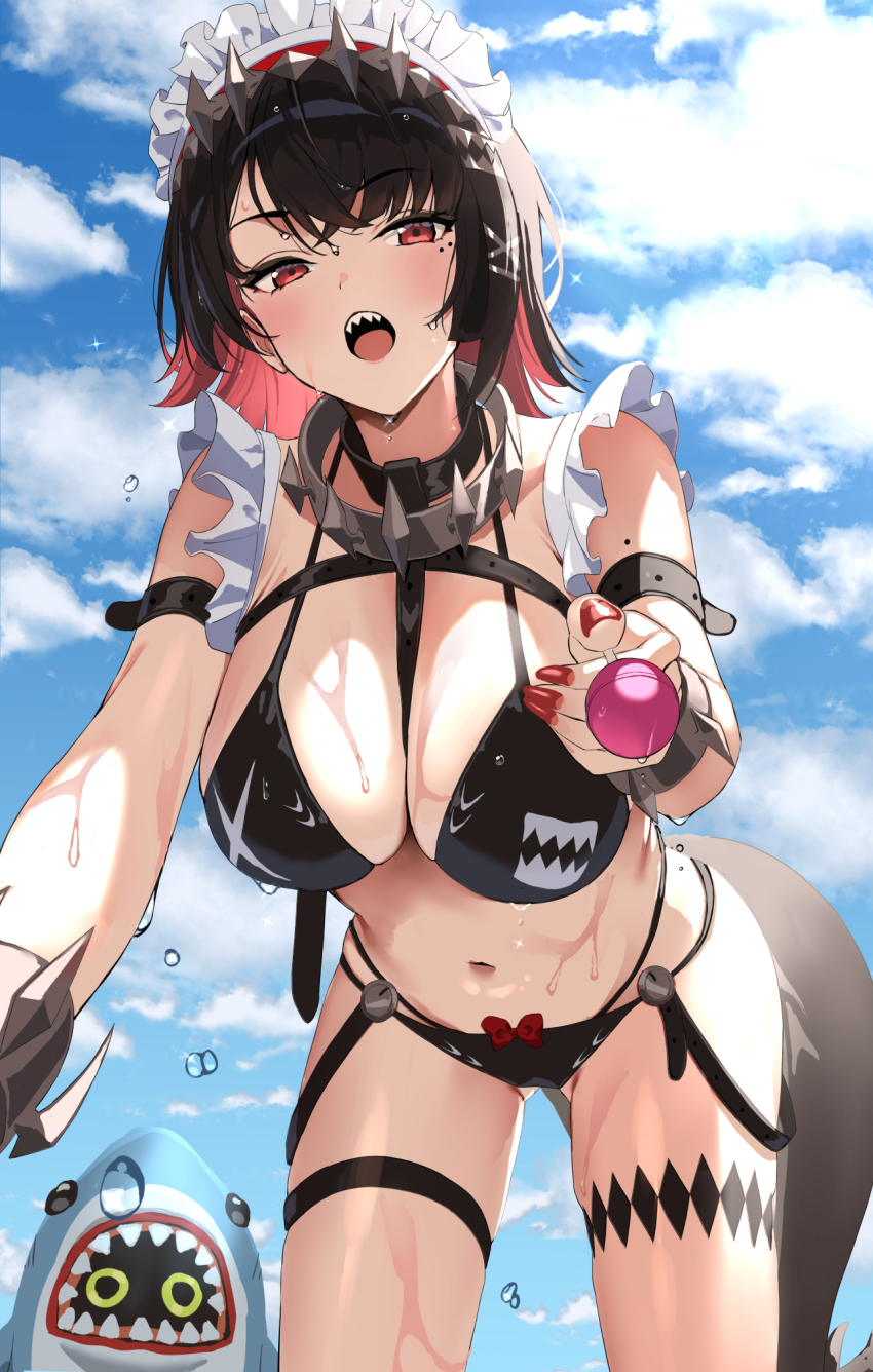 1girl, alternate_costume, bikini, black_bikini, black_hair, blue_sky, breasts, candy