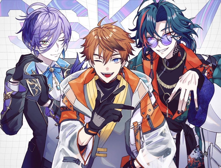 3boys, 3skm_(nijisanji), blue_eyes, blue_hair, braid, earrings, glasses, highres