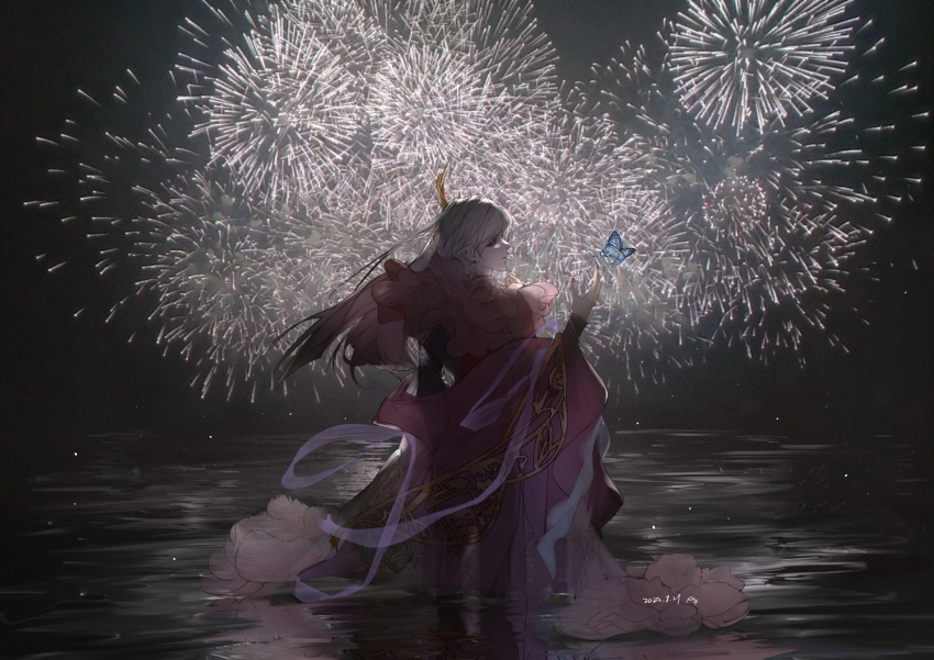 1boy, absurdres, aerial_fireworks, backlighting, black_shirt, blue_butterfly, bug, butterfly