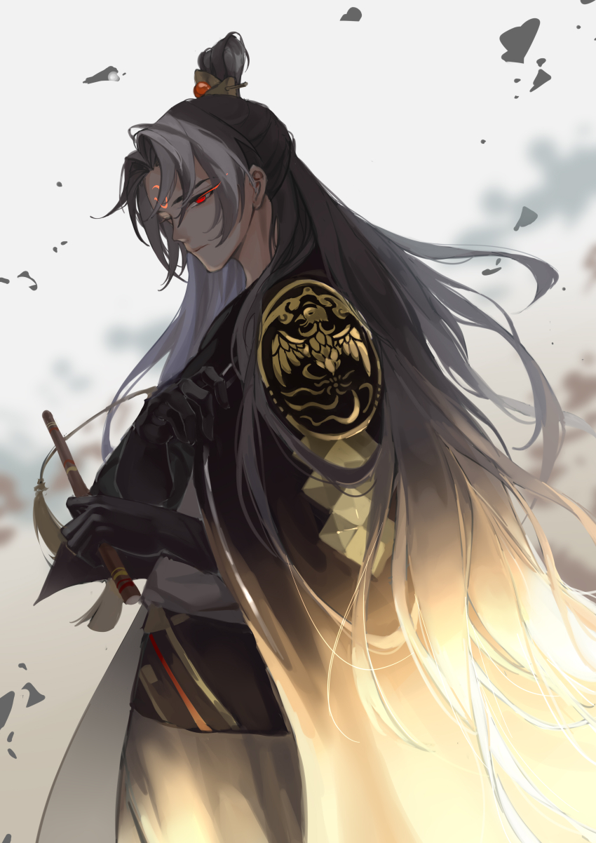 1boy, absurdres, black_cape, black_gloves, black_hair, black_sash, blurry, blurry_background