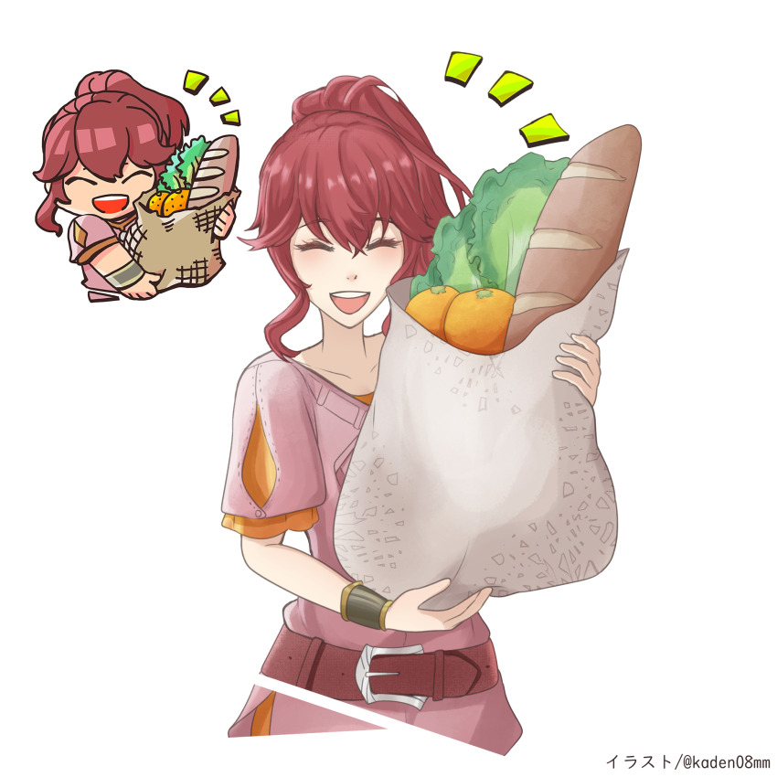 1girl, :d, anna_(fire_emblem), artist_name, bag, belt, bread, chibi
