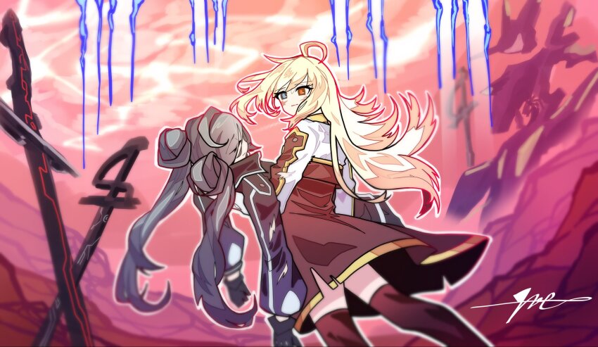 2girls, ahoge, black_dress, blonde_hair, blue_eyes, blurry, blurry_background, carrying, clothes, dress, duel_monster, dutch_angle, fainted, from_behind, hbutler, heterochromia, highres, mecha, multiple_girls, outdoors, princess_carry, red_eyes, robot, sky_striker_ace_-_raye, sky_striker_ace_-_roze, sky_striker_ace_-_zeke, sword, torn, twintails, two-tone_dress, weapon, white_dress, yu-gi-oh!