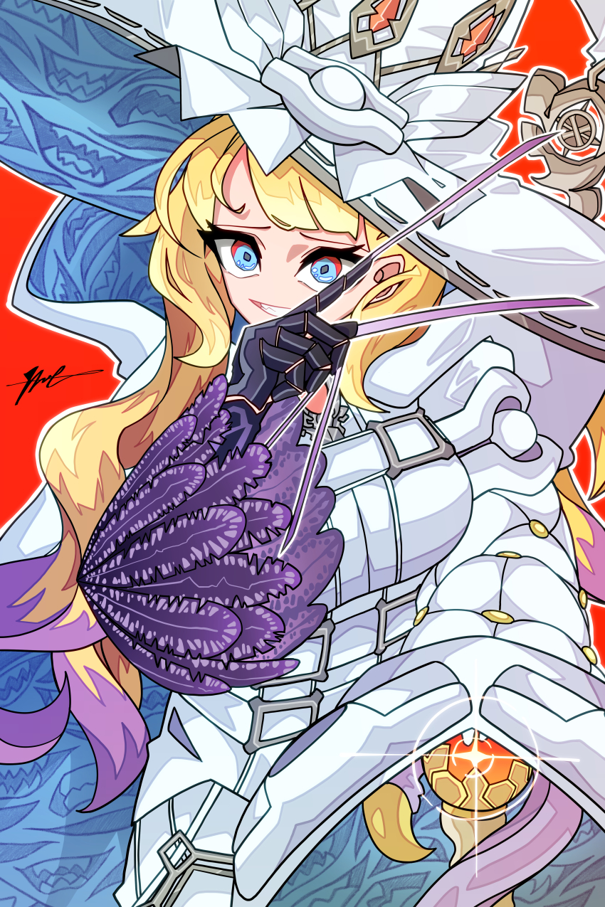 1girl, absurdres, asymmetrical_sleeves, blonde_hair, blue_eyes, breasts, cane, cape, diabellze_the_original_sinkeeper, duel_monster, evil_smile, feathers, fingernails, grin, hat, hbutler, highres, jumpsuit, large_breasts, long_fingernails, looking_at_viewer, mismatched_sleeves, smile, solo, white_cape, white_jumpsuit, witch_hat, yu-gi-oh!