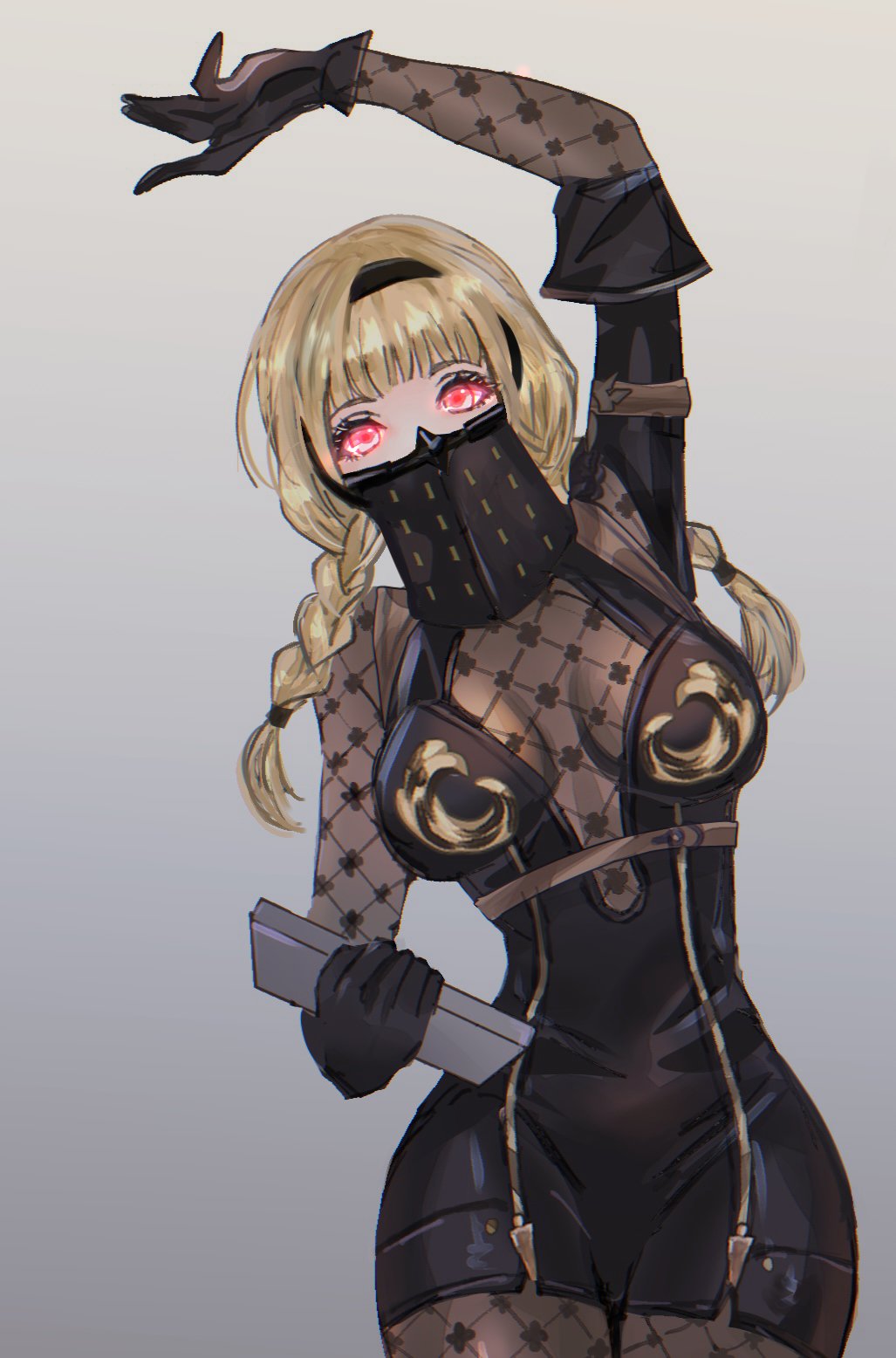 1girl, arm_up, black_gloves, black_hairband, blonde_hair, braid, breasts, commentary_request, eyelashes, gloves, glowing, glowing_eyes, gradient_background, grey_background, hairband, helen_(helen2210hk), highres, holding, holding_paper, mask, mouth_mask, nier:automata, nier_(series), operator_6o, paper, red_eyes, simple_background, single_braid, solo