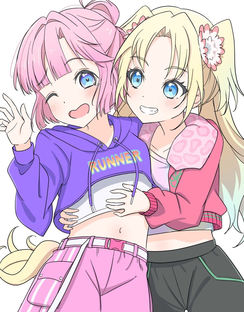 2girls, :d, ;d, ahoge, anyoji_hime, anyoji_hime_(summer_training_wear), belt, black_pants, blonde_hair, blue_eyes, blue_hair, blunt_bangs, blush, buckle, clothes_writing, collarbone, commentary, commission, cowboy_shot, crop_top, cropped_hoodie, cropped_shirt, fang, flower, gradient_hair, grin, hair_flower, hair_ornament, highres, hood, hoodie, jacket, light_blue_hair, link!_like!_love_live!, long_belt, long_hair, long_sleeves, looking_at_viewer, love_live!, midriff, multi-tied_hair, multicolored_hair, multicolored_shirt, multiple_girls, nanakussa, navel, official_alternate_costume, one_eye_closed, open_clothes, open_jacket, open_mouth, osawa_rurino, osawa_rurino_(summer_training_wear), pants, parted_bangs, pink_flower, pink_hair, pink_jacket, ponytail, purple_hoodie, shirt, sidelocks, simple_background, skeb_commission, smile, snap-fit_buckle, swept_bangs, tickling, twintails, very_long_hair, virtual_youtuber, white_background, white_belt, white_shirt