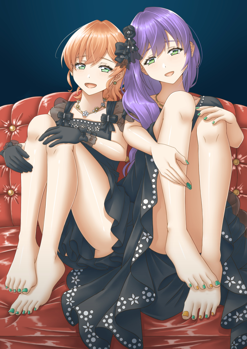 2girls, :d, aqua_eyes, barefoot, black_dress, black_gloves, blue_background, collarbone