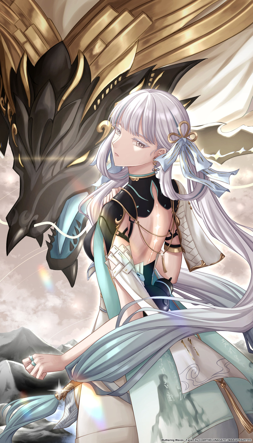 1girl, 1other, absurdres, artist_name, black_collar, black_dress, bow, bright_pupils