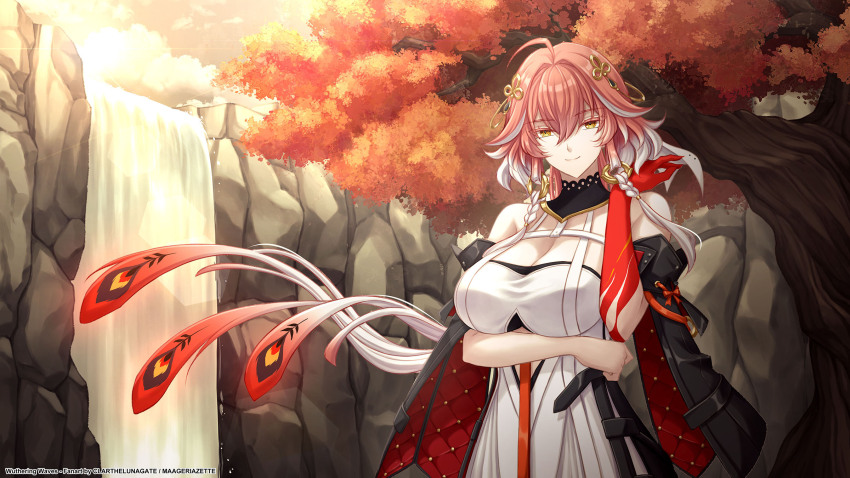 1girl, ahoge, arm_under_breasts, artist_name, bare_shoulders, black_collar, black_jacket, black_sleeves, bow, braid, breasts, changli_(wuthering_waves), clarthelunagate, cleavage, closed_mouth, collar, colored_extremities, commentary, cowboy_shot, detached_sleeves, dress, english_commentary, feather_hair, hair_between_eyes, hair_bow, hair_extensions, hair_intakes, hair_ornament, halterneck, highres, jacket, large_breasts, long_hair, looking_at_viewer, making-of_available, multicolored_hair, outdoors, pink_hair, red_hands, ring_hair_extensions, smile, solo, sunset, twin_braids, two-tone_hair, very_long_hair, water, waterfall, white_bow, white_dress, white_hair, wuthering_waves, yellow_eyes