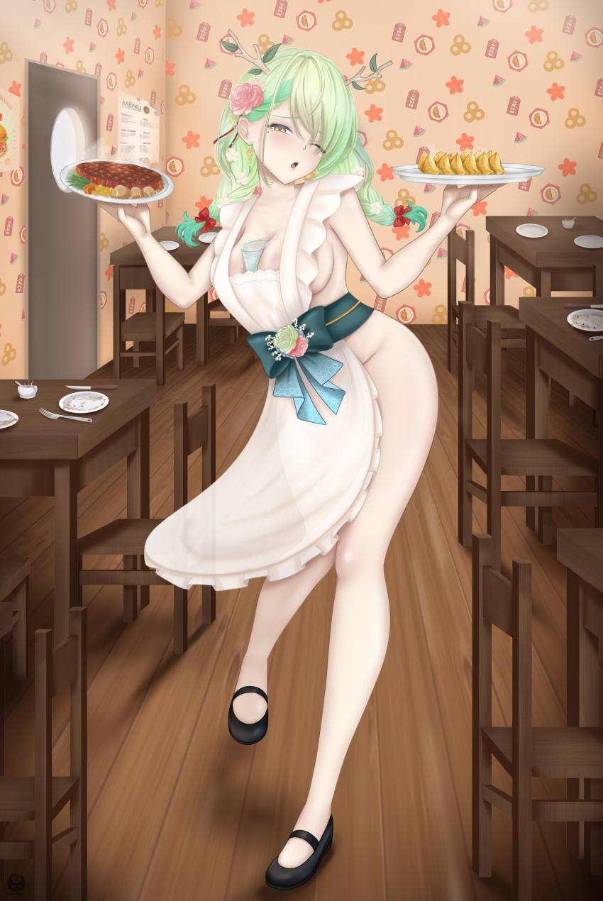 1girl, absurdres, antlers, apron, black_footwear, bow, braid, breasts, ceres_fauna, colored_tips, commission, door, earrings, flower, fork, gartsx, green_hair, hair_between_eyes, hair_bow, hair_flower, hair_ornament, highres, holding, holding_plate, hololive, hololive_english, horns, jewelry, knife, large_breasts, long_hair, menu, mole, mole_under_eye, multicolored_hair, naked_apron, one_eye_closed, pink_flower, pink_rose, plate, plate_up!, red_bow, rose, second-party_source, shadow, solo, table, twin_braids, virtual_youtuber, white_apron, white_flower, wooden_floor, yellow_eyes