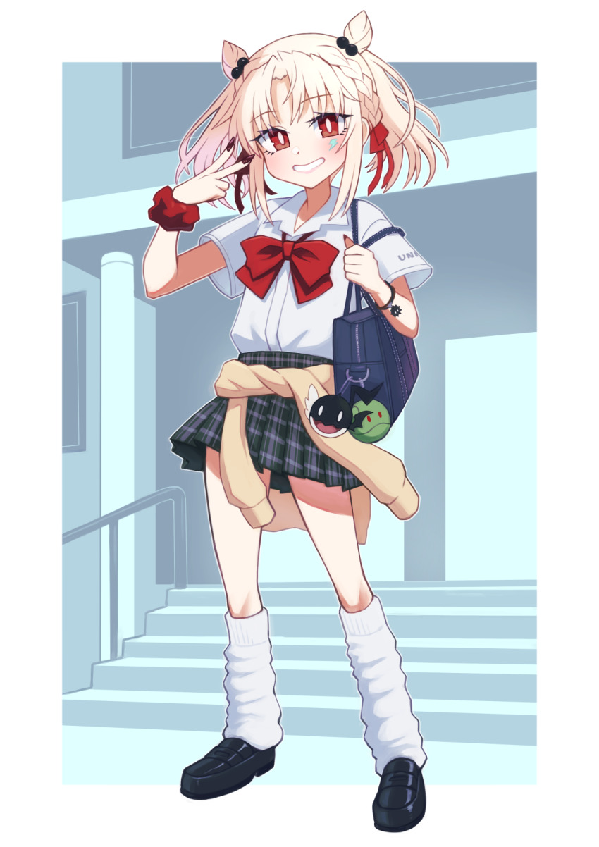 1girl, black_shoes, border, bow, bracelet, braid, bright_pupils, clothes_around_waist