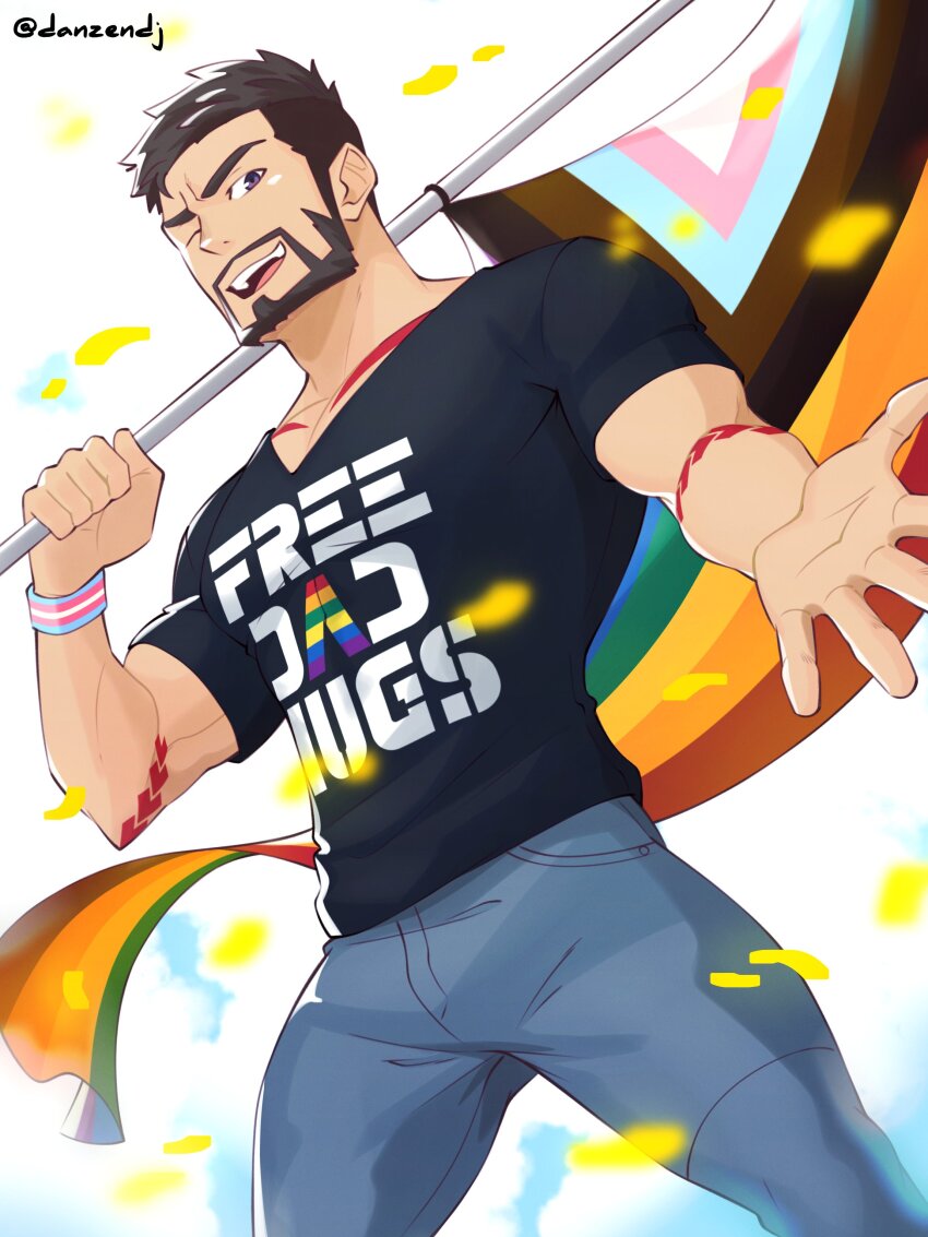 1boy, absurdres, bara, beard, clothes_writing, commission, cowboy_shot, danzen