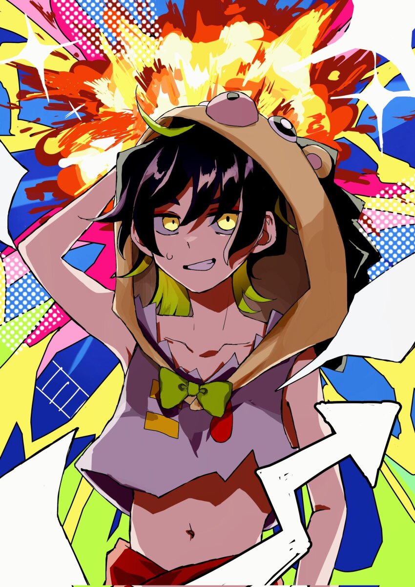 1girl, ahoge, animal_hood, black_hair, colored_inner_hair, highres, hood, iworuru, looking_at_viewer, multicolored_background, multicolored_hair, nira-chan, two-tone_hair, yellow_eyes, zutto_mayonaka_de_ii_no_ni