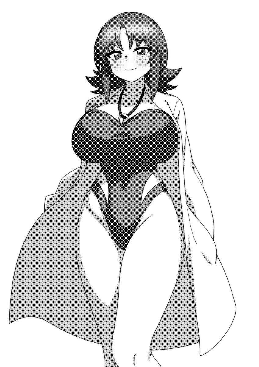 1girl, blush, breasts, closed_mouth, clothing_cutout, coat, commentary, feet_out_of_frame