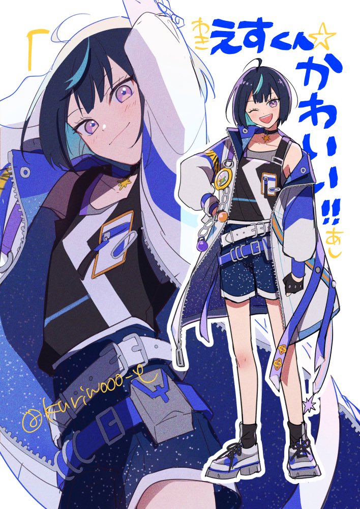 1boy, belt, black_socks, ensemble_stars!, full_body, hand_on_own_hip, jacket, kuriwooo_e, male_focus, multiple_belts, multiple_views, outline, platform_footwear, sagiri_esu, shorts, single_off_shoulder, socks, trap, twitter_username, white_background, white_outline