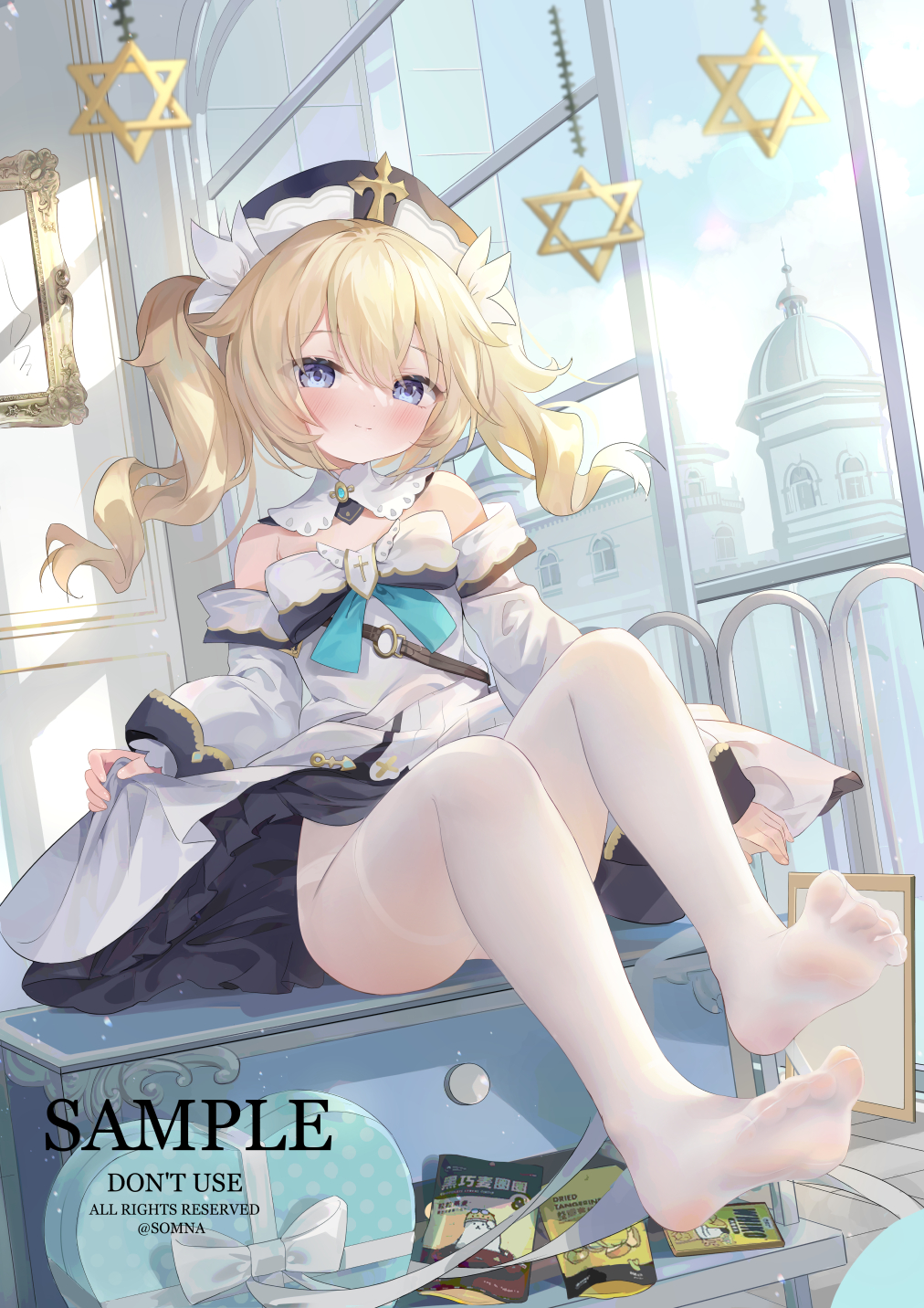 1girl, barbara_(genshin_impact), bare_shoulders, blonde_hair, blue_eyes, blush, book, clothes_lift, cross, dress, feet, genshin_impact, hat, highres, latin_cross, long_sleeves, looking_at, no_shoes, pantyhose, sitting, smile, soles, solo, somna, toes, twintails, white_dress, white_pantyhose