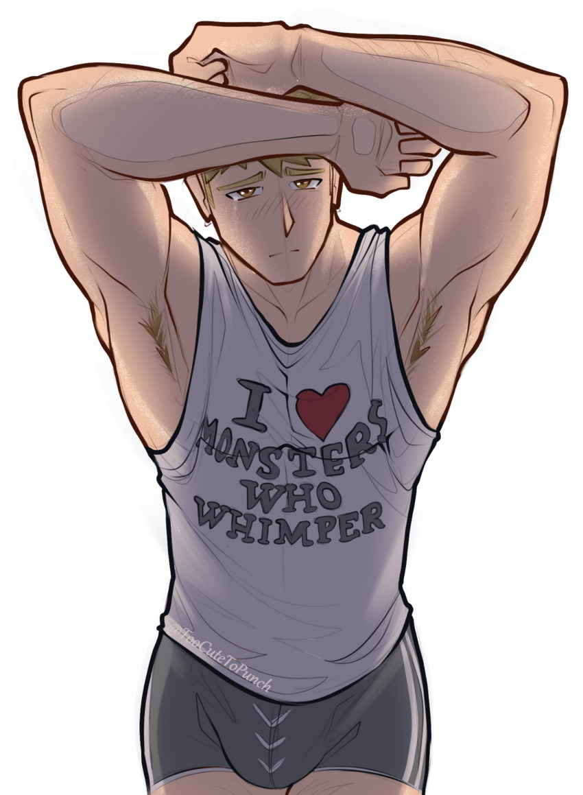 1boy, against_glass, armpit_hair, armpits, bara, blonde_hair, blush, bulge, clothes_writing, dungeon_meshi, furrowed_brow, hand_on_glass, heart, heart_print, highres, laios_touden, large_pectorals, looking_at_viewer, male_focus, muscular, muscular_male, pectorals, short_hair, short_shorts, shorts, sidepec, simple_background, solo, tank_top, tears, toocutetopunch, white_tank_top