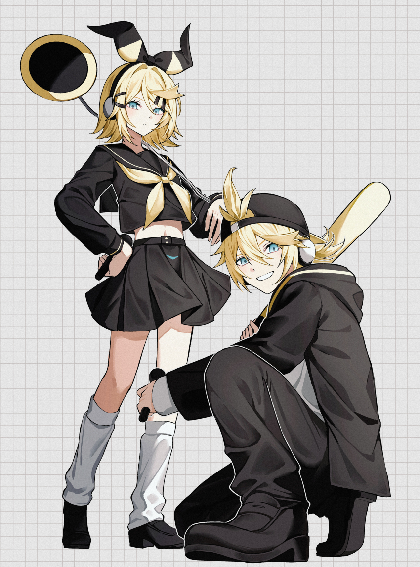 1boy, 1girl, absurdres, baseball_bat, baseball_cap, black_footwear, black_hairband, black_hat