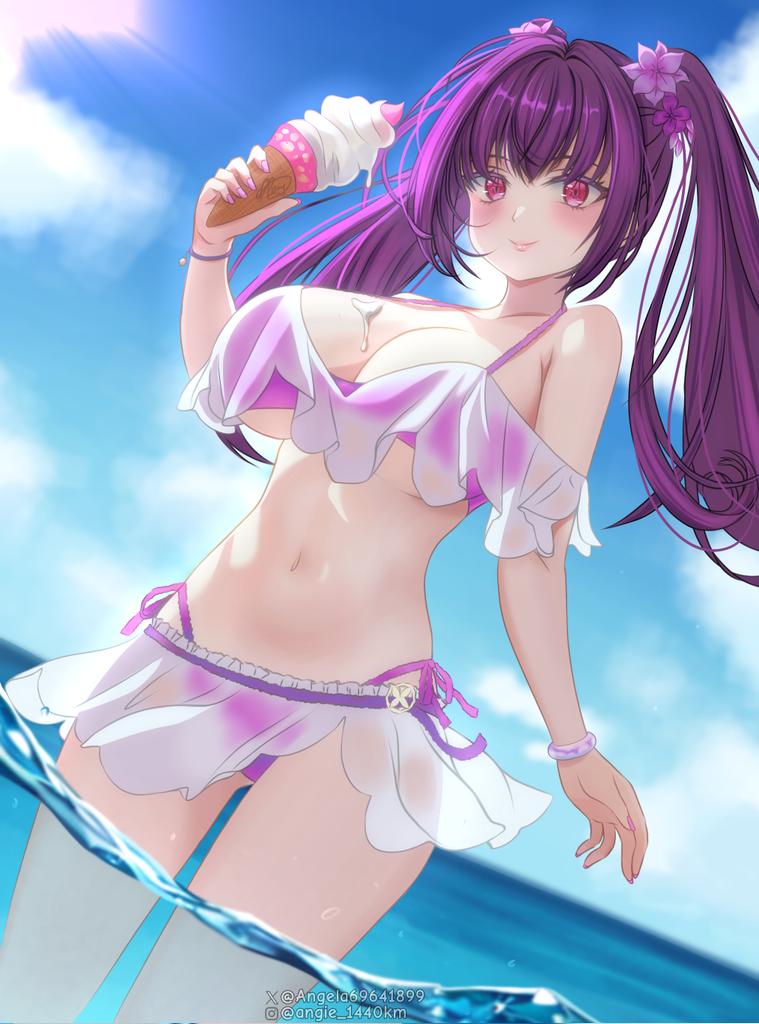 1girl, angie03, artist_name, bare_shoulders, bikini, blue_sky, breasts, cleavage