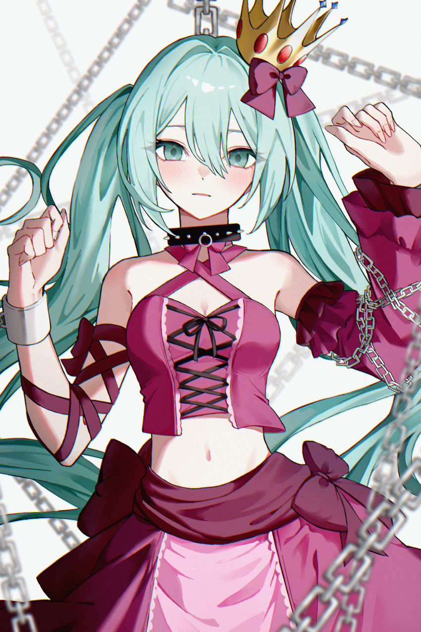 1girl, absurdres, arm_up, bare_shoulders, black_choker, black_ribbon, blush, bow