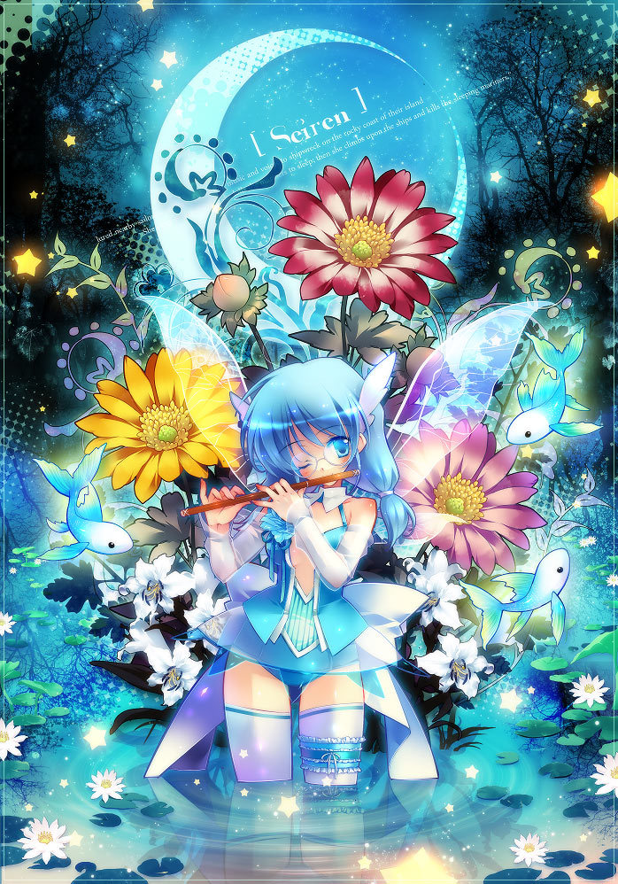 1girl, blue_hair, crescent_moon, fairy_wings, female_focus, fish, flower, flute