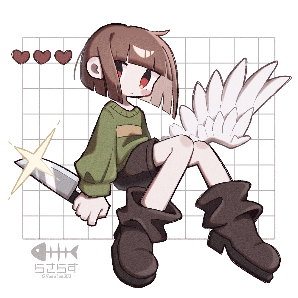 1other, angel_wings, arms_at_sides, blunt_bangs, blunt_ends, blush_stickers, boots, brown_boots