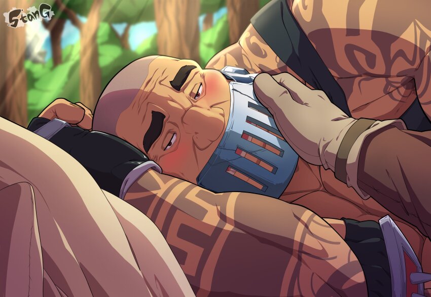 2boys, absurdres, bara, blush, couple, day, hand_on_another's_face, helmet_grill, highres, large_pectorals, looking_at_viewer, lustful_desires, male_focus, mature_male, multiple_boys, muscular, muscular_male, pectorals, pov, pov_adoring, pov_hands, shaved_head, shoulder_tattoo, smile, solo_focus, stang_artad, sunlight, tank_(lustful_desires), tattoo, upper_body, waking_up, wrinkled_skin, yaoi