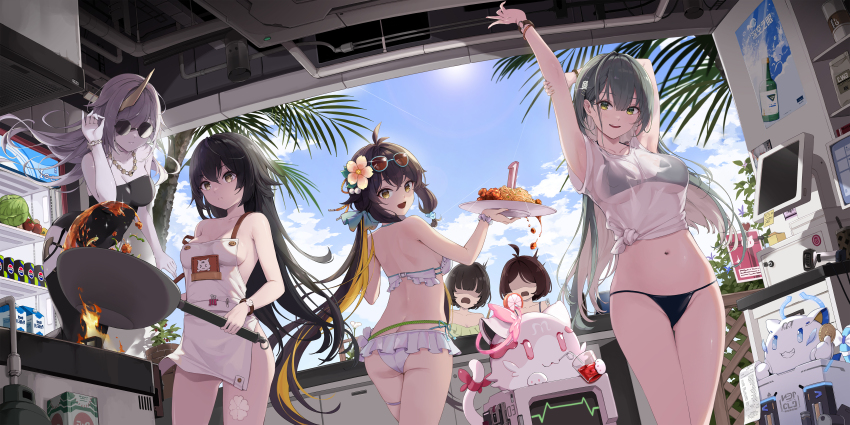 6+girls, absurdres, aether_gazer, apron, bare_shoulders, bikini, black_bikini, black_hair