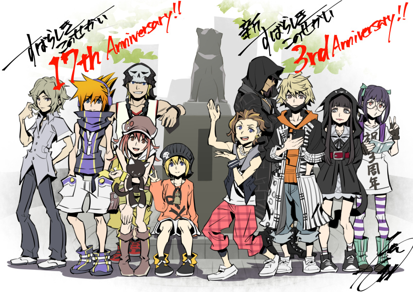 4girls, 6+boys, animal_hood, anniversary, beanie, bito_daisukenojo, bito_raimu, boots, cat_hood, cellphone, furesawa_tosai, glasses, hachiko_(dog), hat, headphones, highres, hood, hood_up, hoodie, in-franchise_crossover, jacket, kanade_rindo, kiryu_yoshiya, kobayashi_gen, mask, minamimoto_sho, misaki_shiki, mouth_mask, multiple_boys, multiple_girls, nyantan, open_collar, phone, sakuraba_neku, sakurane_shoka, shibuya_(tokyo), shin_subarashiki_kono_sekai, shoes, shorts, smartphone, smile, sneakers, spiked_hair, standing, statue, subarashiki_kono_sekai, tokyo_(city), usui_nagi