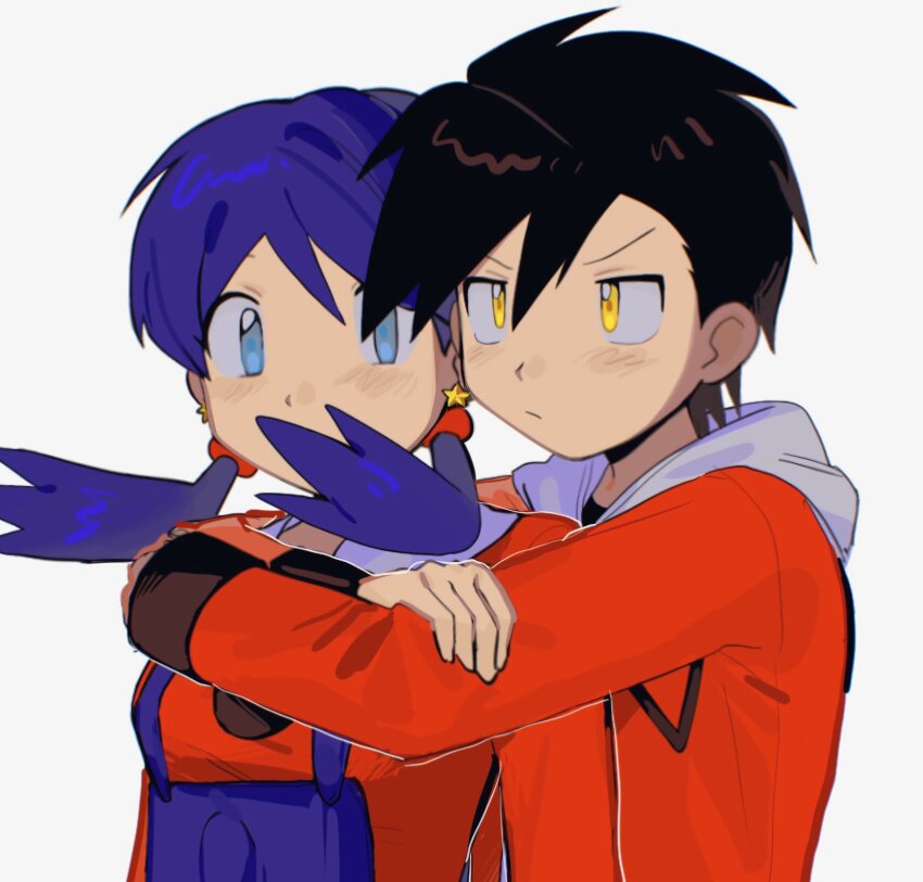 1boy, 1girl, afyewv5, arms_around_neck, black_hair, blue_eyes, blue_hair, blue_overalls