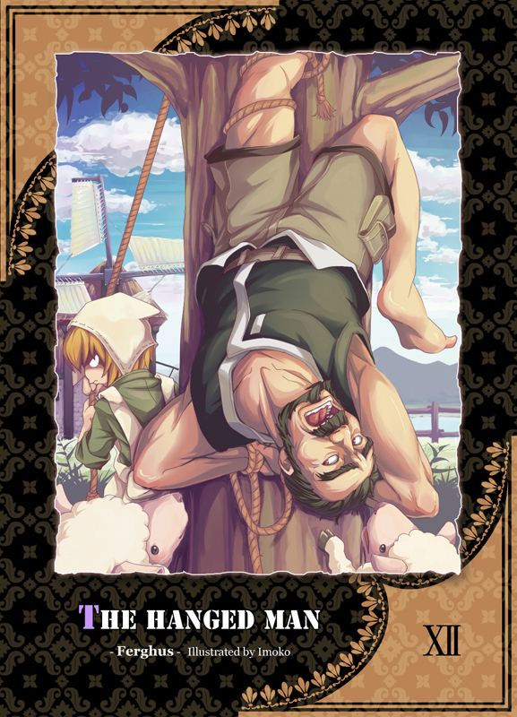 1boy, 1girl, alissa_(mabinogi), beard, black_hair, blonde_hair, card_(medium), facial_hair