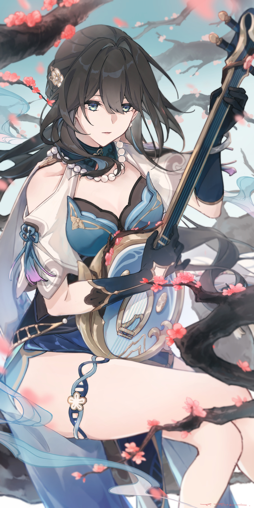 1girl, absurdres, aqua_collar, aqua_dress, bead_necklace, beads, black_gloves, branch