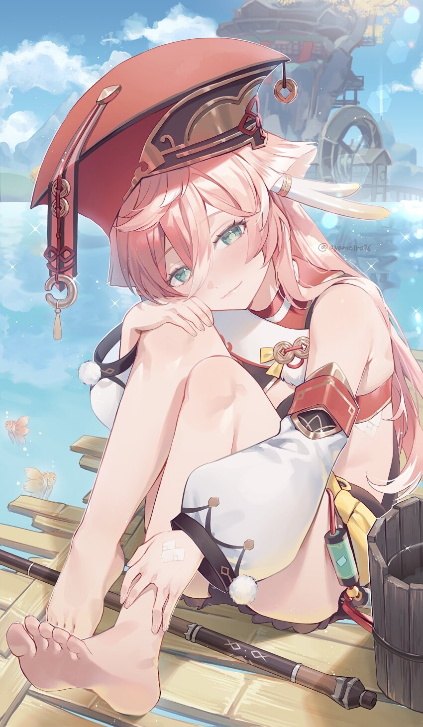 1girl, absurdres, aqua_eyes, ayame_(ayameiro), bare_legs, bare_shoulders, barefoot, bucket