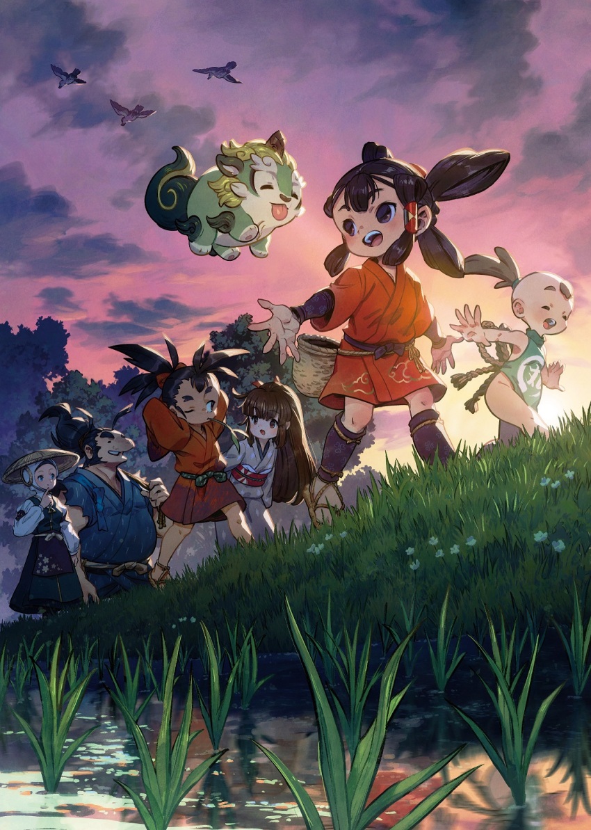 3boys, 3girls, bird, black_eyes, black_hair, creature, grass, highres