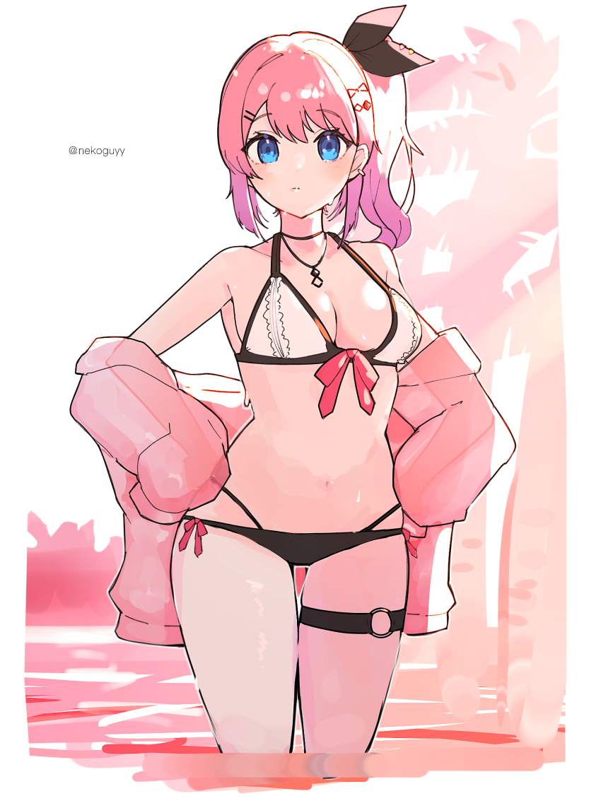 1girl, artist_name, bikini, black_bikini, black_ribbon, blue_eyes, bow, bow_bikini