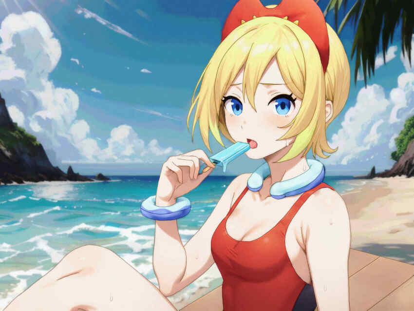 1girl, absurdres, armpit_crease, beach, blonde_hair, blue_eyes, blue_sky, bracelet