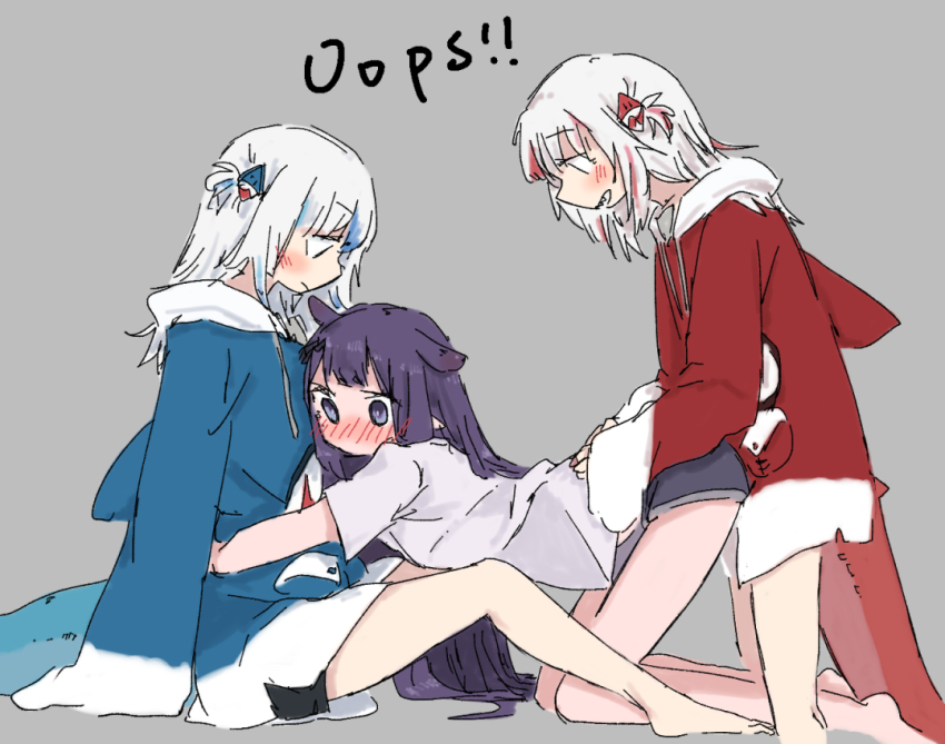 !, !!, 3girls, alternate_costume, aoi_(aoisaka), bare_legs, barefoot, blue_hoodie, blush, dark_persona, drawstring, dual_persona, english_text, fff_threesome, fins, fish_tail, gawr_gura, gawr_gura_(1st_costume), grey_background, group_sex, hololive, hololive_english, hood, hoodie, hug, long_hair, multicolored_hair, multiple_girls, ninomae_ina'nis, profile, purple_eyes, purple_hair, red_hoodie, reflect_(gawr_gura), shark_girl, shark_tail, shirt, sketch, streaked_hair, t-shirt, tail, threesome, virtual_youtuber, white_hair, yuri