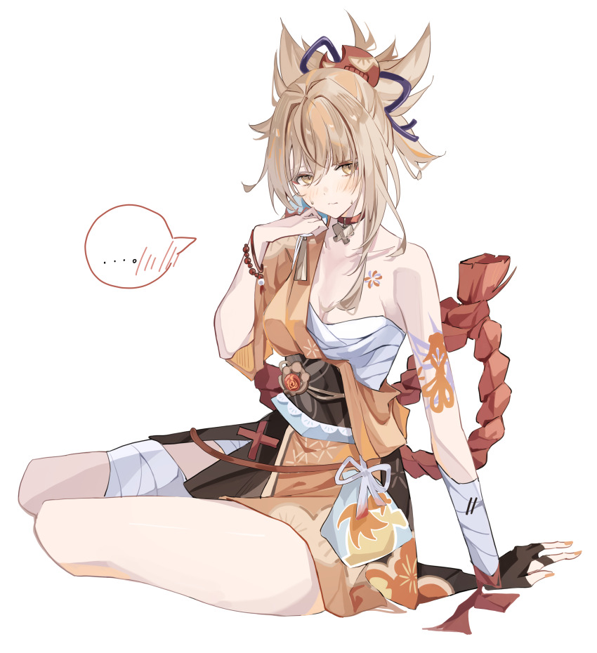 ..., 1girl, absurdres, arm_tattoo, bandaged_leg, bandages, blonde_hair, breasts