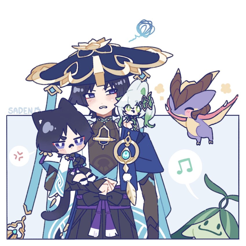 1girl, 2boys, anger_vein, animal_ears, aranara_(genshin_impact), armor, asymmetrical_sidelocks, belt